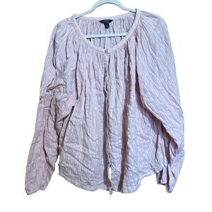 CHAPS Top Womens 2X Pink Pinstripe Button Up Cotton Blend Sheer Blouse